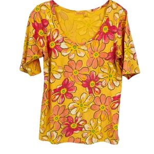 FRESH PRODUCE Floral Top Tee Yellow Orange Short Sleeve Daisy Stretch Womens S